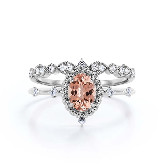 Dazzling Art nouvea 2.00 Carat Oval Cut Morganite And Diamond Moissanite Engagement Ring, Wedding Ring in 925 Sterling Silver With 18k White Gold Plating, Compass Ring, Bridal Set, Matching Band