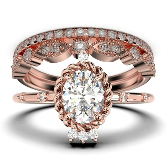 Dazzling Art nouvea 2.50 Carat Oval Cut Diamond Moissanite Engagement Ring, Wedding Ring in 10k Solid Rose Gold, Compass Ring, Promise Ring, Anniversary Ring, Trio Set, Matching Band