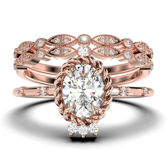 Dazzling Art nouvea 2.50 Carat Oval Cut Diamond Moissanite Engagement Ring, Wedding Ring in 925 Sterling Silver With 18k Rose Gold Plating, Compass Ring, Trio Set, Matching Band