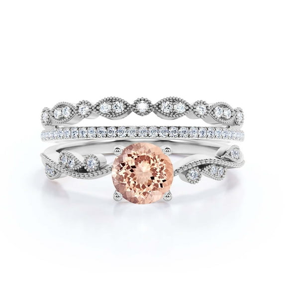 Dazzling Boho & Hippie 2.25 Carat Round Cut Morganite And Diamond Moissanite Classic Inspired Engagement Ring, Unique Twist Band Wedding Ring In 10K Solid White Gold, Promise Ring, Two Matching Band