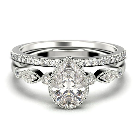 Dazzling Boho & Hippiepie 1.75 Carat Pear Cut Diamond Moissanite Engagement Ring, Wedding Ring, One Matching Band In 925 Sterling Silver With 18K White Gold Plating, Birthday Gift