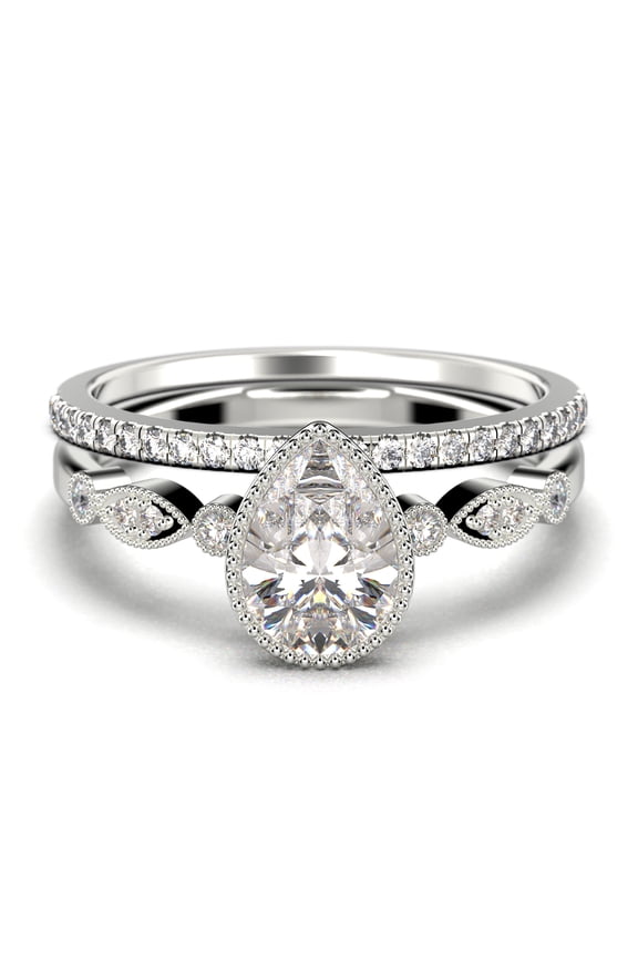 Dazzling Boho & Hippiepie 1.75 Carat Pear Cut Diamond Moissanite Engagement Ring, Wedding Ring, One Matching Band In 925 Sterling Silver With 18K White Gold Plating, Birthday Gift