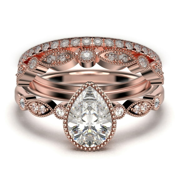 Dazzling Boho & Hippiepie 2.25 Carat Pear Cut Diamond Moissanite Engagement Ring, Wedding Ring, Two Matching Band In 925 Sterling Silver With 18K Rose Gold Plating, Birthday Gift