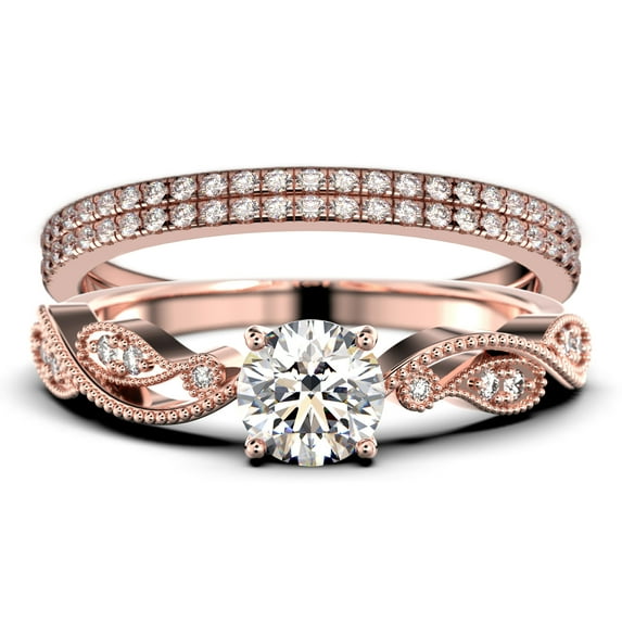 Dazzling Boho & hippie 2.25 Carat Round Cut Diamond Moissanite Classic Inspired Engagement Ring, Unique Twist Band Wedding Ring in 10k Solid Rose Gold, Promise Ring, Two Matching Band