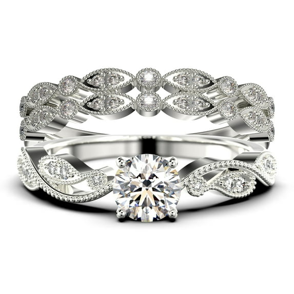 Dazzling Boho & hippie 2.25 Carat Round Cut Diamond Moissanite Classic Inspired Engagement Ring, Unique Twist Band Wedding Ring in 10k Solid White Gold, Promise Ring, Two Matching Band