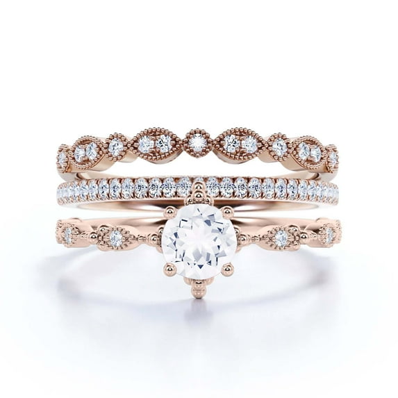Dazzling Boho & hippie 2.25 Carat Round Diamond Moissanite Engagement Ring, Wedding Ring in 925 Sterling Silver With 18k Rose Gold Plating, Affordable Gift For Woman, Trio Set, Matching Band