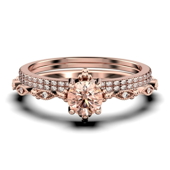 Dazzling Boho & hippie 2.25 Carat Round Morganite And Diamond Moissanite Engagement Ring, Wedding Ring in 925 Sterling Silver With 18k Rose Gold Plating, Affordable Gift, Trio Set, Matching Band