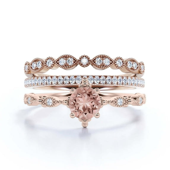 Dazzling Boho & hippie 2.25 Carat Round Morganite And Diamond Moissanite Engagement Ring, Wedding Ring in 925 Sterling Silver With 18k Rose Gold Plating, Affordable Gift, Trio Set, Matching Band