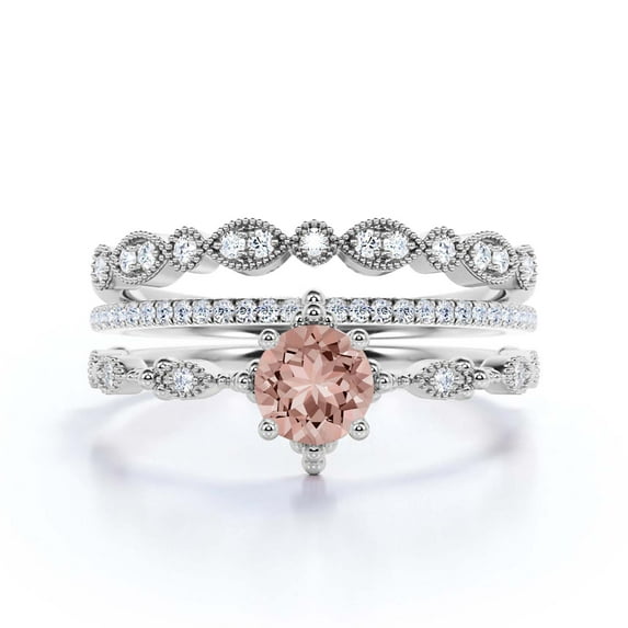 Dazzling Boho & hippie 2.25 Carat Round Morganite And Diamond Moissanite Engagement Ring, Wedding Ring in 925 Sterling Silver With 18k White Gold Plating, Affordable Gift, Trio Set, Matching Band
