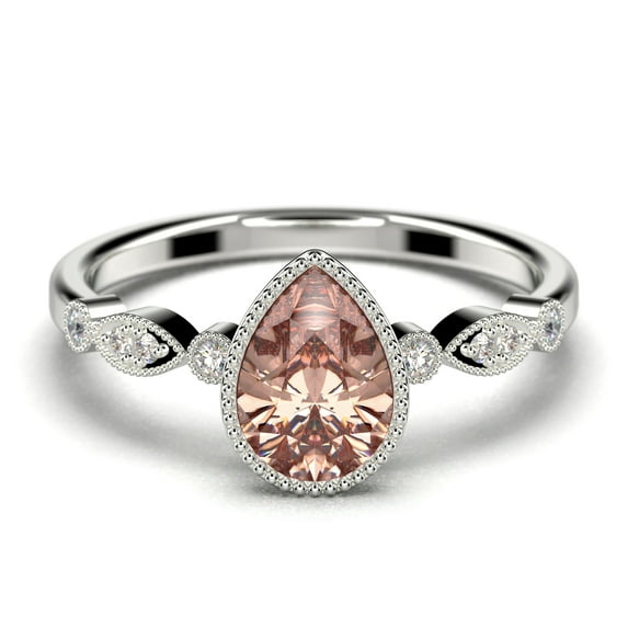 Dazzling Boho & hippiepie 1.25 Carat Pear Cut Morganite And Diamond Moissanite Engagement Ring Classic Wedding Ring in 925 Sterling Silver With 18k White Gold Plating, Birthday Gift, Promise Ring