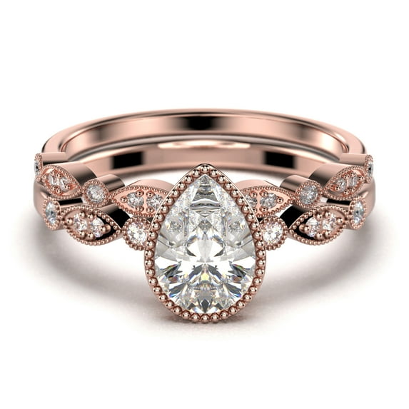 Dazzling Boho & hippiepie 1.75 Carat Pear Cut Diamond Moissanite Engagement Ring, Classic Wedding Ring, One Matching Band in 10k Solid Rose Gold, Birthday Gift, Promise Ring