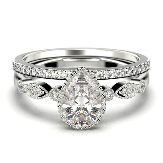 Dazzling Boho & hippiepie 1.75 Carat Pear Cut Diamond Moissanite Engagement Ring, Classic Wedding Ring, One Matching Band in 10k Solid White Gold, Birthday Gift, Promise Ring