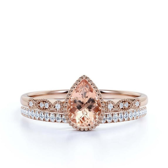 Dazzling Boho & hippiepie 1.75 Carat Pear Cut Morganite And Diamond Moissanite Engagement Ring, Wedding Ring, One Matching Band in 925 Sterling Silver With 18k Rose Gold Plating, Birthday Gift
