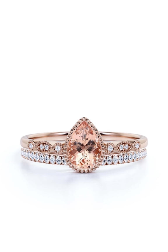Dazzling Boho & hippiepie 1.75 Carat Pear Cut Morganite And Diamond Moissanite Engagement Ring, Wedding Ring, One Matching Band in 925 Sterling Silver With 18k Rose Gold Plating, Birthday Gift