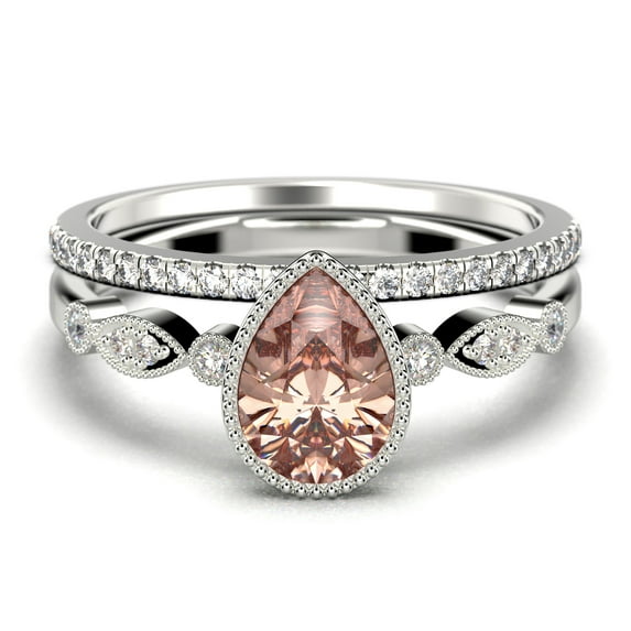Dazzling Boho & hippiepie 1.75 Carat Pear Cut Morganite And Diamond Moissanite Engagement Ring, Wedding Ring, One Matching Band in 925 Sterling Silver With 18k White Gold Plating, Birthday Gift