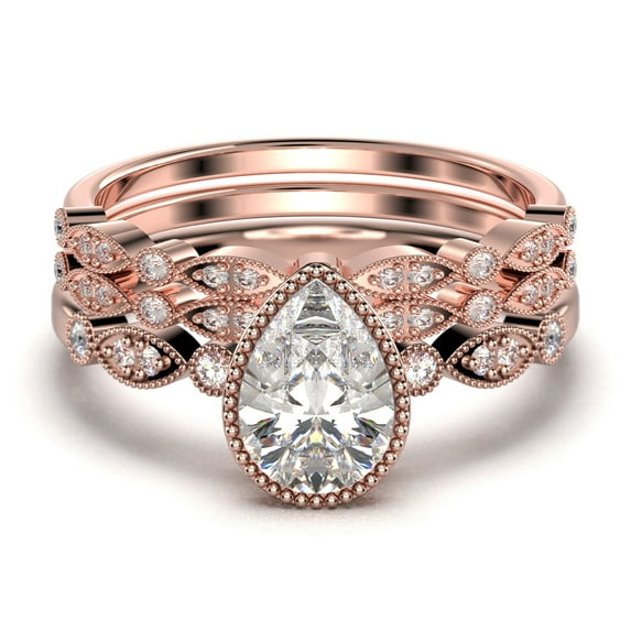 Dazzling Boho & hippiepie 2.25 Carat Pear Cut Diamond Moissanite Engagement Ring, Classic Wedding Ring, Two Matching Band in 10k Solid Rose Gold, Birthday Gift, Promise Ring