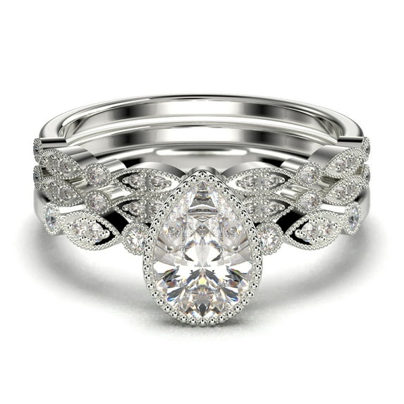 Dazzling Boho & hippiepie 2.25 Carat Pear Cut Diamond Moissanite Engagement Ring, Classic Wedding Ring, Two Matching Band in 10k Solid White Gold, Birthday Gift, Promise Ring