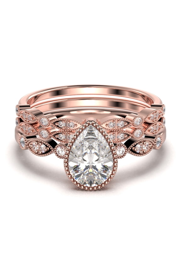 Dazzling Boho & hippiepie 2.25 Carat Pear Cut Diamond Moissanite Engagement Ring, Wedding Ring, Two Matching Band in 925 Sterling Silver With 18k Rose Gold Plating, Birthday Gift