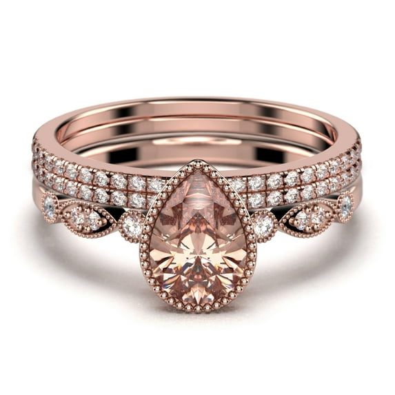 Dazzling Boho & hippiepie 2.25 Carat Pear Cut Morganite And Diamond Moissanite Engagement Ring, Classic Wedding Ring, Two Matching Band in 10k Solid Rose Gold, Birthday Gift, Promise Ring