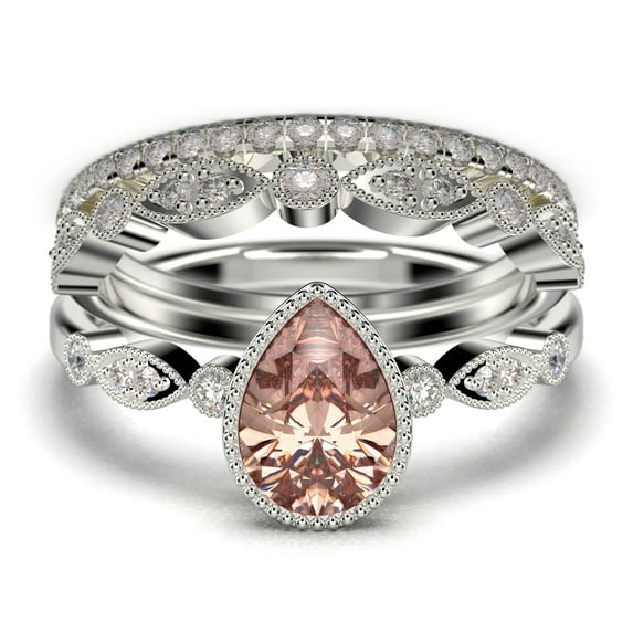 Dazzling Boho & hippiepie 2.25 Carat Pear Cut Morganite And Diamond Moissanite Engagement Ring, Classic Wedding Ring, Two Matching Band in 10k Solid White Gold, Birthday Gift, Promise Ring