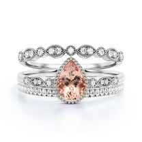 Dazzling Boho & hippiepie 2.25 Carat Pear Cut Morganite And Diamond Moissanite Engagement Ring, Classic Wedding Ring, Two Matching Band in 10k Solid White Gold, Birthday Gift, Promise Ring