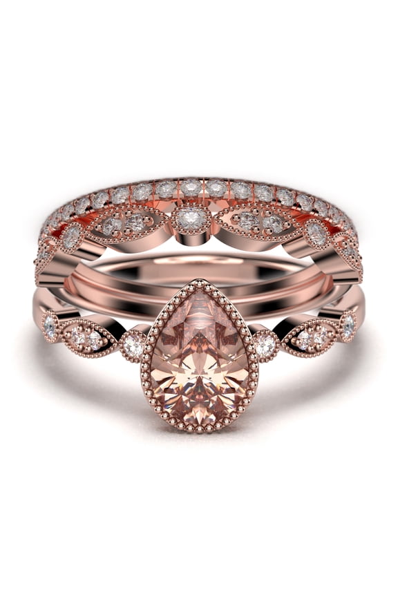 Dazzling Boho & hippiepie 2.25 Carat Pear Cut Morganite And Diamond Moissanite Engagement Ring, Wedding Ring, Two Matching Band in 925 Sterling Silver With 18k Rose Gold Plating, Birthday Gift