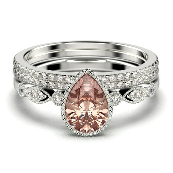 Dazzling Boho & hippiepie 2.25 Carat Pear Cut Morganite And Diamond Moissanite Engagement Ring, Wedding Ring, Two Matching Band in 925 Sterling Silver With 18k White Gold Plating, Birthday Gift