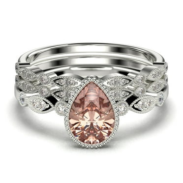 Dazzling Boho & hippiepie 2.25 Carat Pear Cut Morganite And Diamond Moissanite Engagement Ring, Wedding Ring, Two Matching Band in 925 Sterling Silver With 18k White Gold Plating, Birthday Gift