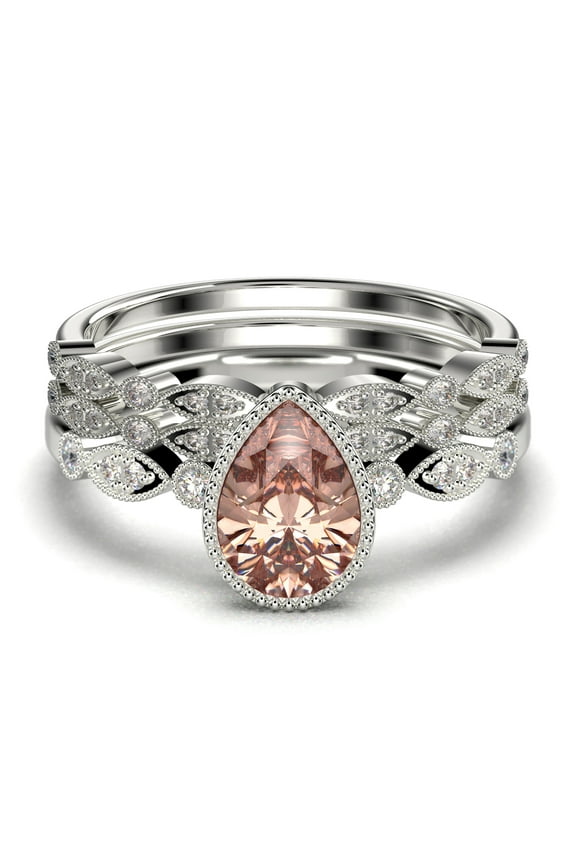 Dazzling Boho & hippiepie 2.25 Carat Pear Cut Morganite And Diamond Moissanite Engagement Ring, Wedding Ring, Two Matching Band in 925 Sterling Silver With 18k White Gold Plating, Birthday Gift