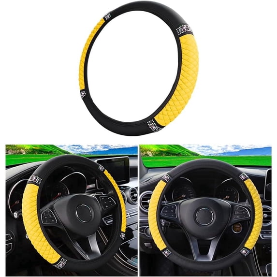 Dazzling Crystal Car Steering Wheel Cover for Women Girls, 15 Inch Rhinestone Sparkly Steering Wheel Protector, Premium Soft Leather Material with Elastic Edge for Most Cars Yellow