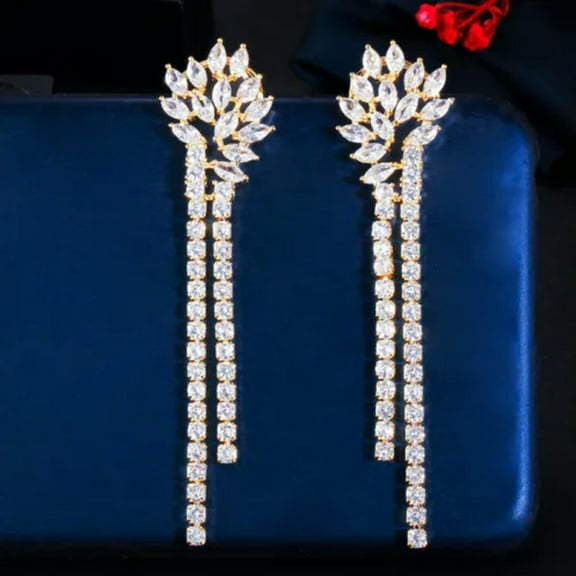 Dazzling Cubic Zirconia CZ Crystal Women Long Dangle Leaf Tassel Drop Earrings