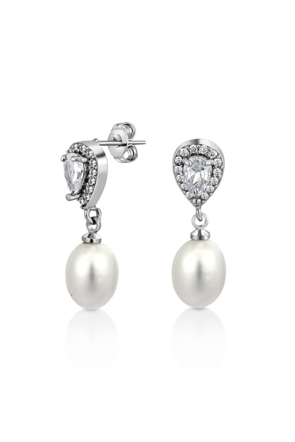 Dazzling Cubic Zirconia & White Pearls Sterling Silver Wedding Drop Earrings