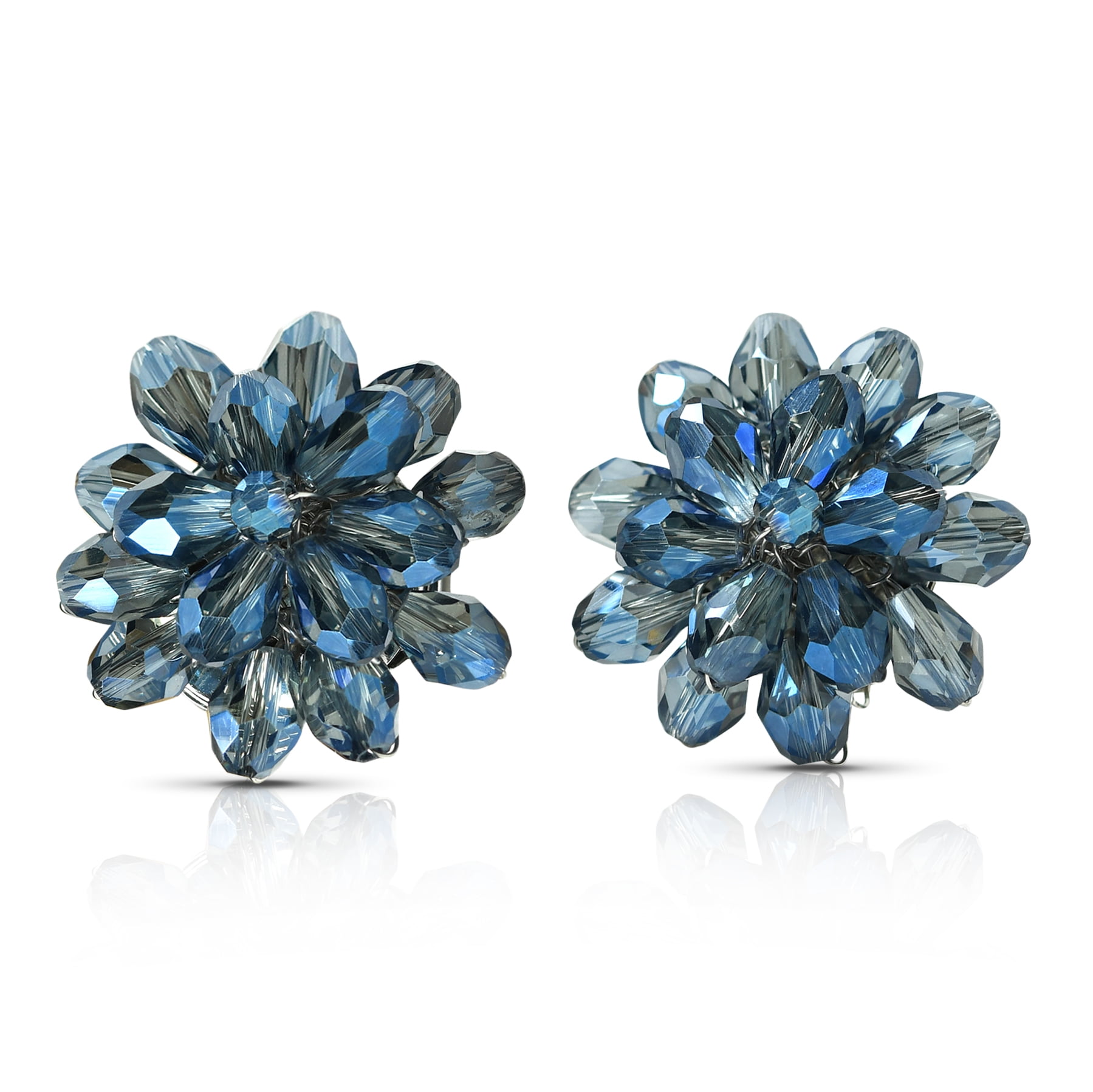 Dazzling Deep Blue Chrysanthemum Crystal Clip On Earrings