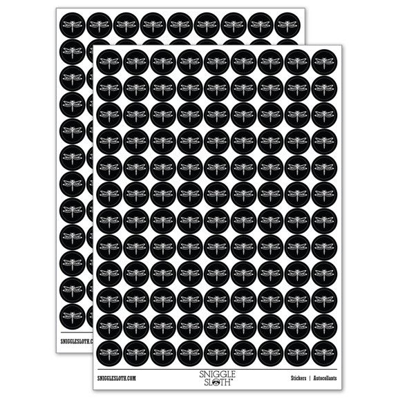 Dazzling Dragonfly Dasher Darner Insect 200+ Round Stickers - Black - Matte Finish - 0.50" Size