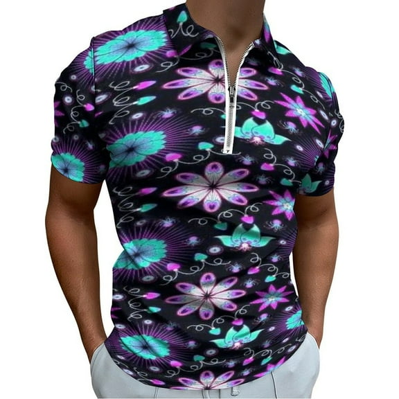Dazzling Flowers Men Zipper T-shirt Summer Casual Short Sleeve T-shirt Top