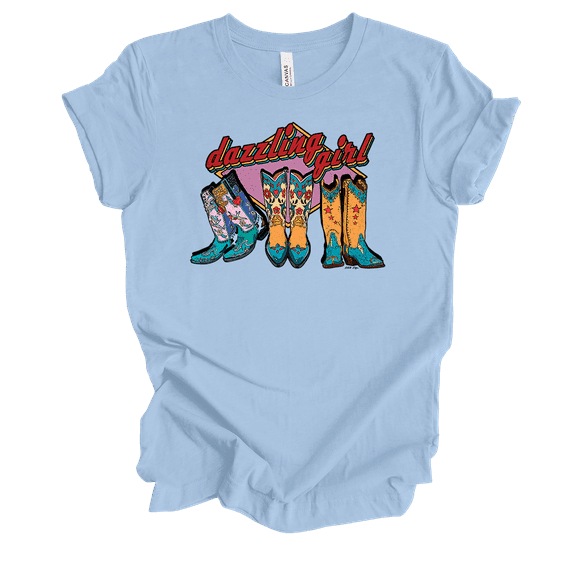 Dazzling Girl Boots Colorfully Cute Western Trio Shoes  Short Sleeve Ladies Graphic T-Shirt-Baby Blue-medium