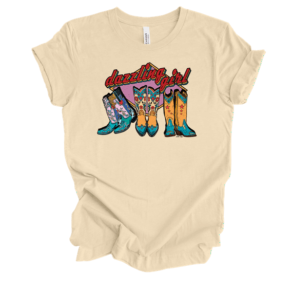 Dazzling Girl Boots Colorfully Cute Western Trio Shoes  Short Sleeve Ladies Graphic T-Shirt-Soft Cream-xxxl