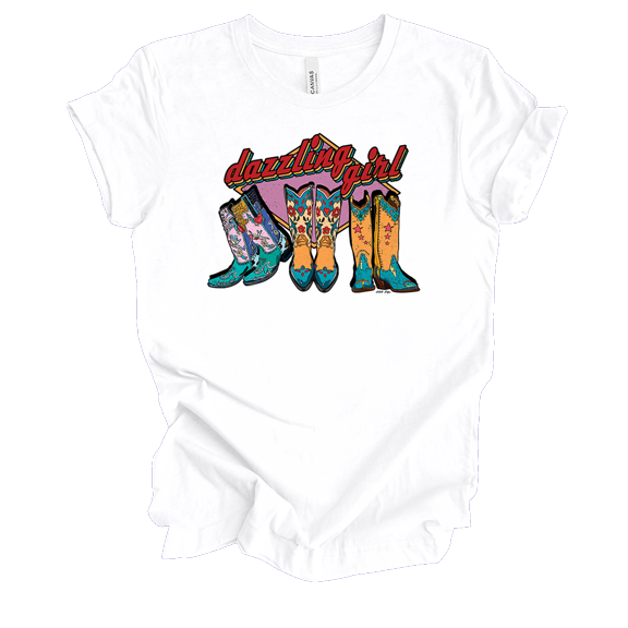 Dazzling Girl Boots Colorfully Cute Western Trio Shoes Short Sleeve Ladies Graphic T-Shirt-White-medium