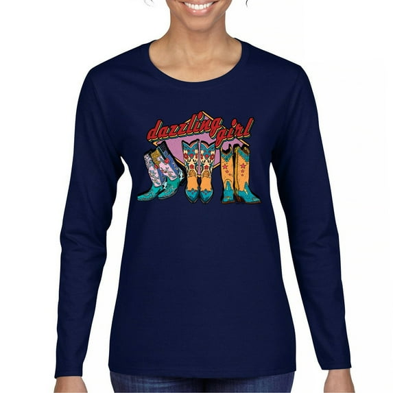Dazzling Girl Women's Long Sleeve T-shirt Blessed and Lucky Cowgirl Cute South Vintage Retro American Heritage Tradition