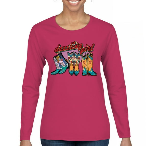 Dazzling Girl Women's Long Sleeve T-shirt Blessed and Lucky Cowgirl Cute South Vintage Retro American Heritage Tradition