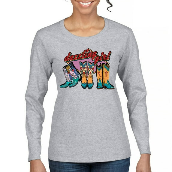 Dazzling Girl Women's Long Sleeve T-shirt Blessed and Lucky Cowgirl Cute South Vintage Retro American Heritage Tradition