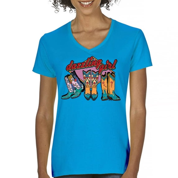 Dazzling Girl Women's V-Neck T-shirt Blessed and Lucky Cowgirl Cute South Vintage Retro American Heritage Tradition Tee