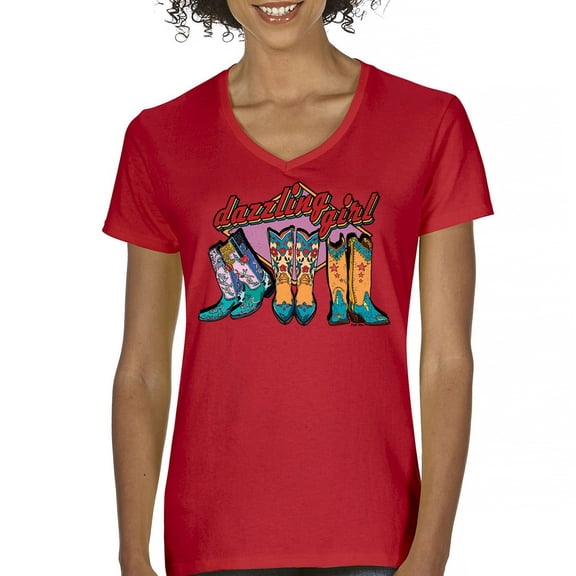 Dazzling Girl Women's V-Neck T-shirt Blessed and Lucky Cowgirl Cute South Vintage Retro American Heritage Tradition Tee