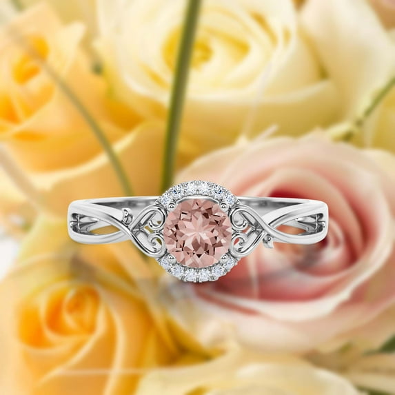 Dazzling Half Halo 1.25 Carat Round Cut Morganite And Diamond Moissanite Engagement Ring Wedding Ring in 10k Solid White Gold, Gift For Her, Promise Ring, Anniversary Ring