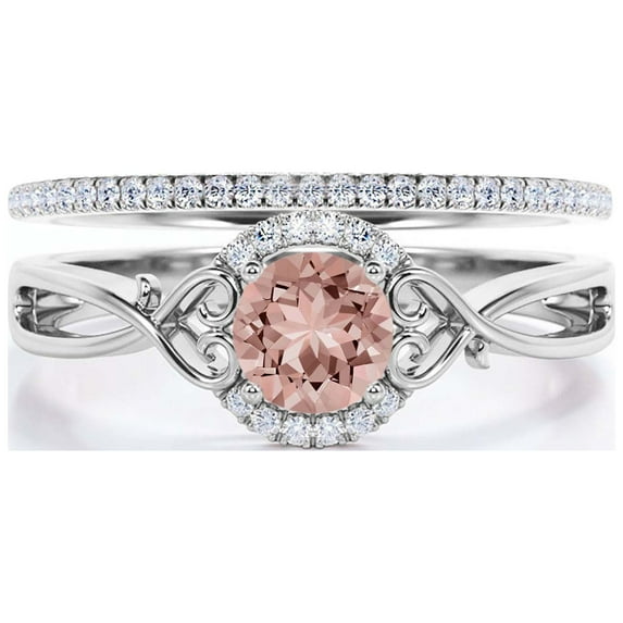 Dazzling Half Halo 1.75 Carat Round Cut Morganite And Diamond Moissanite Engagement Ring Wedding Ring in 10k Solid White Gold, Gift For Her, Promise Ring, Anniversary Ring, Bridal Set, Matching Band