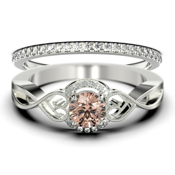 Dazzling Half Halo 1.75 Carat Round Cut Morganite And Diamond Moissanite Engagement Ring Wedding Ring in 925 Sterling Silver With 18k White Gold Plating, Promise Ring, Bridal Set, Matching Band