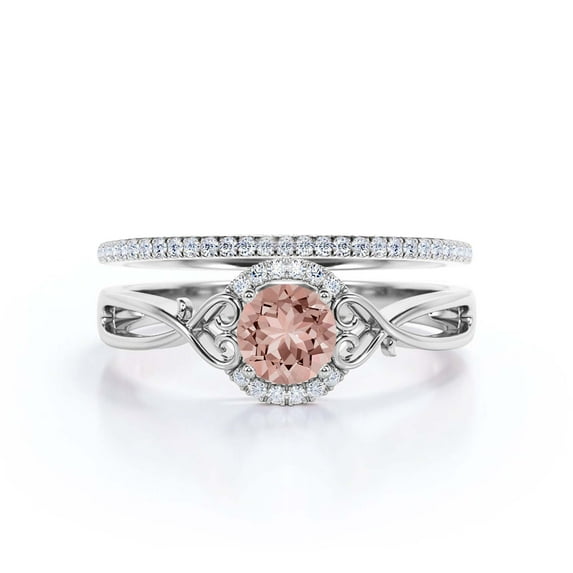 Dazzling Half Halo 1.75 Carat Round Cut Morganite And Diamond Moissanite Engagement Ring Wedding Ring In 925 Sterling Silver With 18K White Gold Plating, Promise Ring, Bridal Set, Matching Band