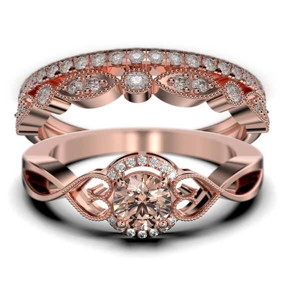 Dazzling Half Halo 2.25 Carat Round Cut Morganite And Diamond Moissanite Engagement Ring Wedding Ring in 10k Solid Rose Gold, Gift For Her, Promise Ring, Anniversary Ring, Trio Set, Matching Band