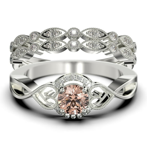 Dazzling Half Halo 2.25 Carat Round Cut Morganite And Diamond Moissanite Engagement Ring Wedding Ring in 10k Solid White Gold, Gift For Her, Promise Ring, Anniversary Ring, Trio Set, Matching Band