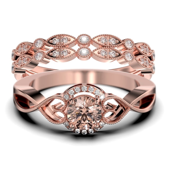 Dazzling Half Halo 2.25 Carat Round Cut Morganite And Diamond Moissanite Engagement Ring Wedding Ring in 925 Sterling Silver With 18k Rose Gold Plating, Promise Ring, Trio Set, Matching Band